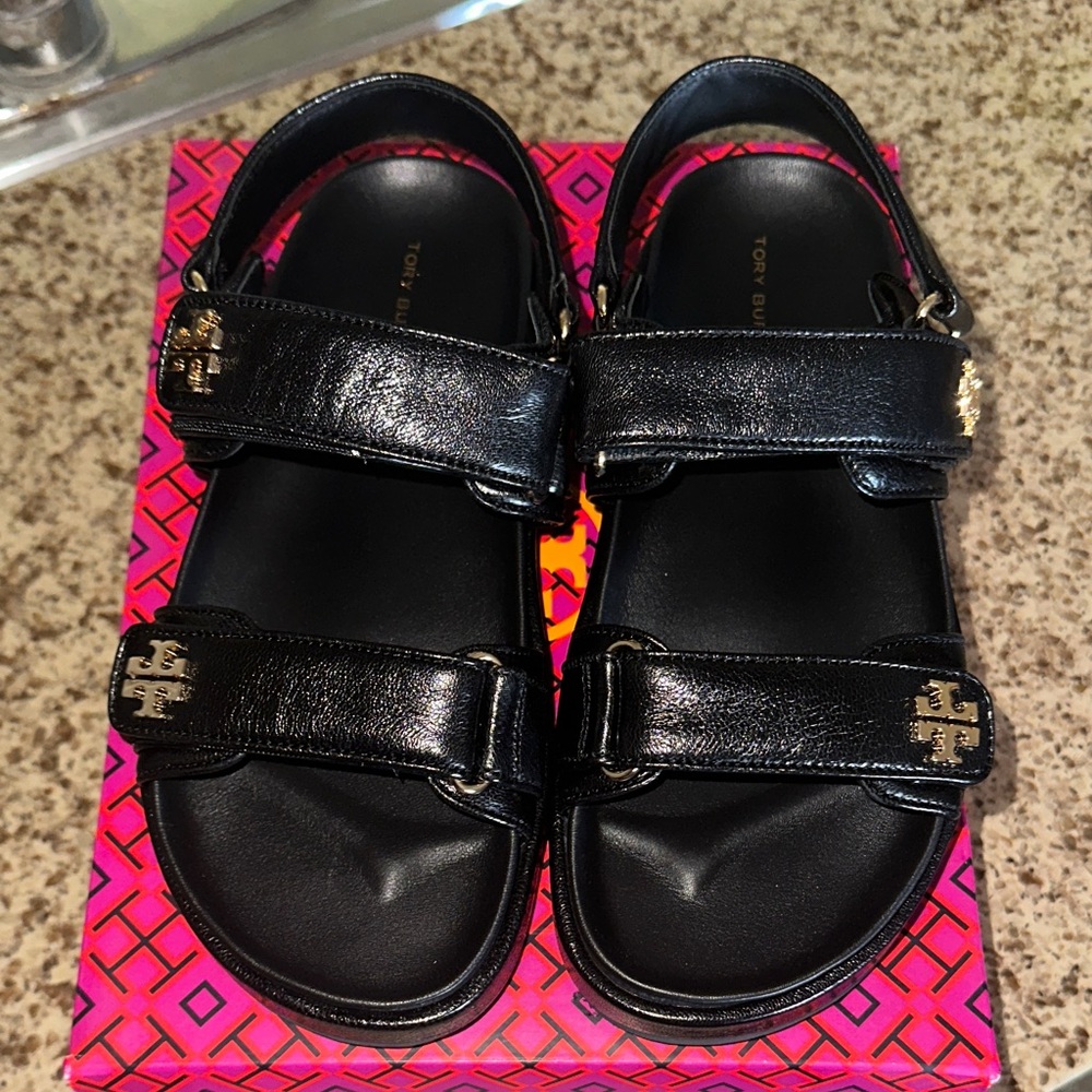 Tory Burch Kids Black Sandals with Gold Accents